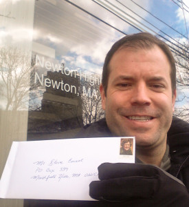 Me mailing the letter to Steve Carell from his hometown of Newton, MA. It was about 0 degrees when I snapped this photo.